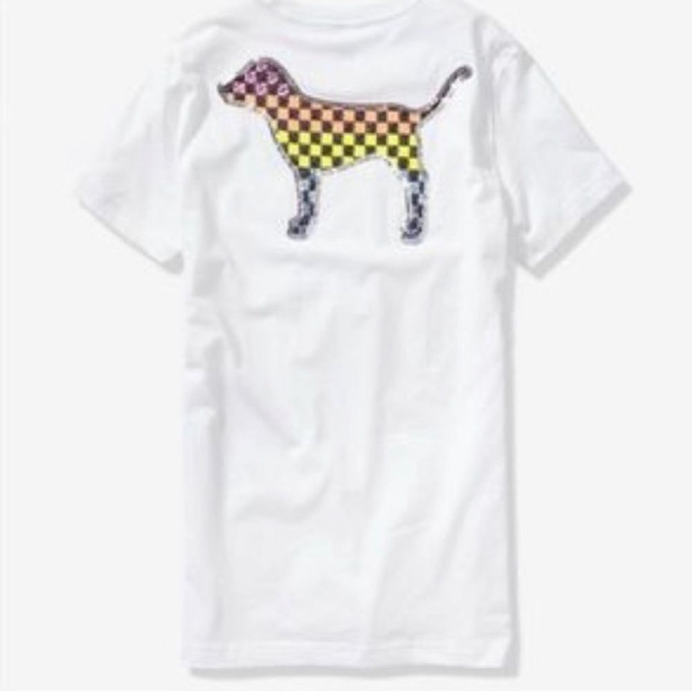 PINK VS CHECKERED RAINBOW BLING DOG CAMPUS TSHIRT XL